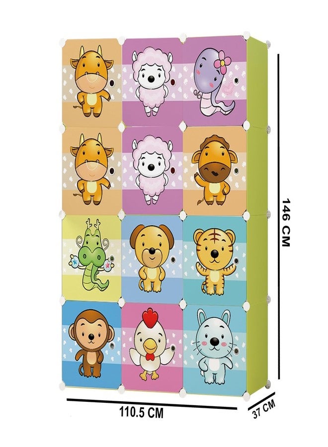 LUHI Almirah for Clothes,Plastic Soft Sheet Collapsible Wardrobe for Clothes for Kids Clothes/Toy/Book, Baby Cupboard for Clothes Storage in Bedroom Nursery,Cartoon (Zodiac Green, 12-Shelf-12-Door) - Image 2